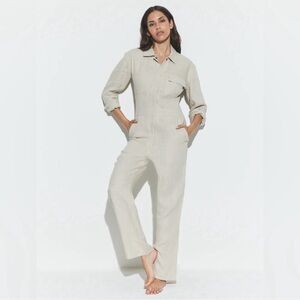 Rivet Utility Bigwig Linen Jumpsuit - Oatmeal - Small